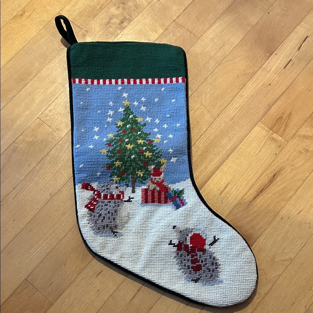 Lands' End Holiday Stocking with Tree and Hedghogs - Green, Blue, Red
